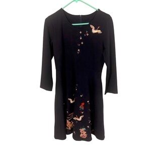Embroidered Navy Flare Midi Dress Geese & Floral Design Long Sleeved Zip Back S